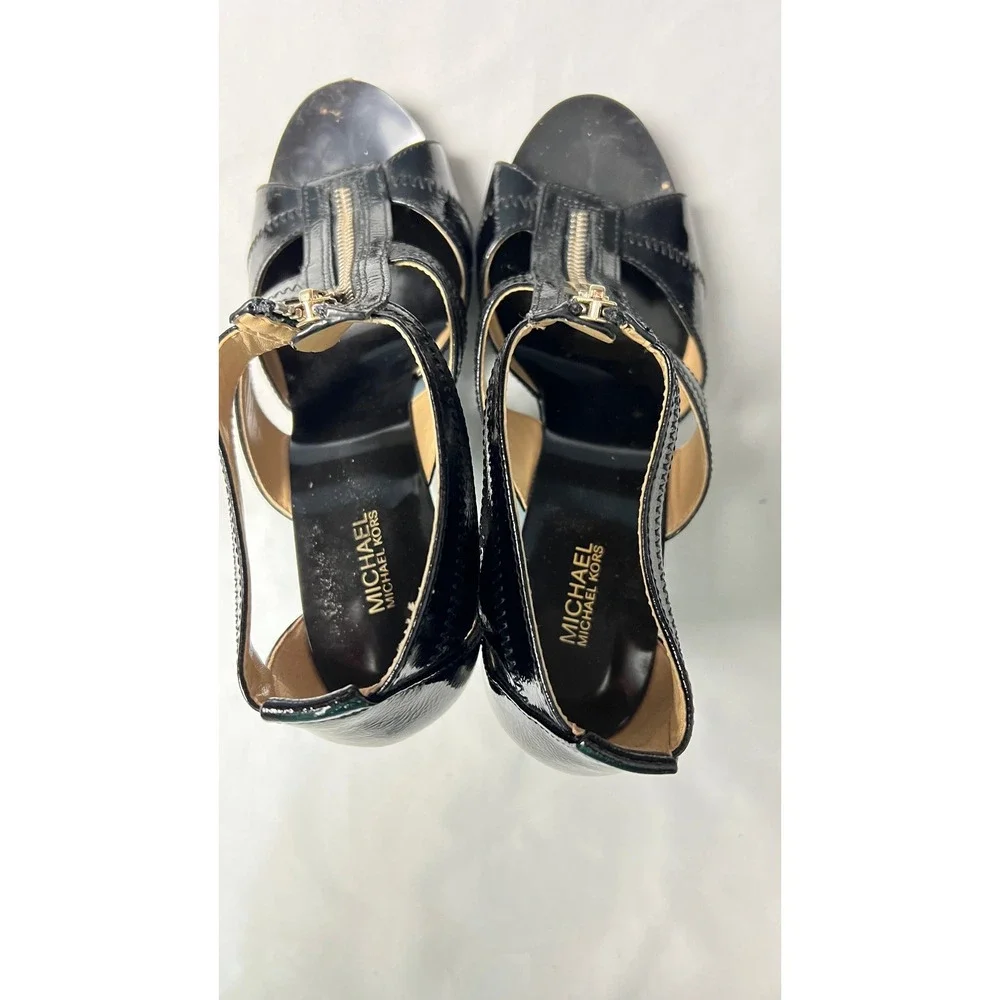 Michael Kors Black Patent Leather Front Zip Cage Sandals Heels PW18K Strapy‎ 8M
